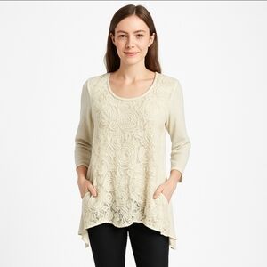 Feratelli Ivory Bohemian Lace Tunic Top Sz Med